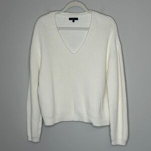 Quince Organic Cotton V-Neck Fisherman Sweater Ivory Knit Pullover Womens Large